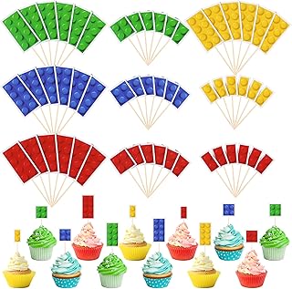 48 Pieces Color Building Block Themed Cupcake Toppers Building Block Party Favors Building Block Party Decorations for Kids Adults Party Supplies