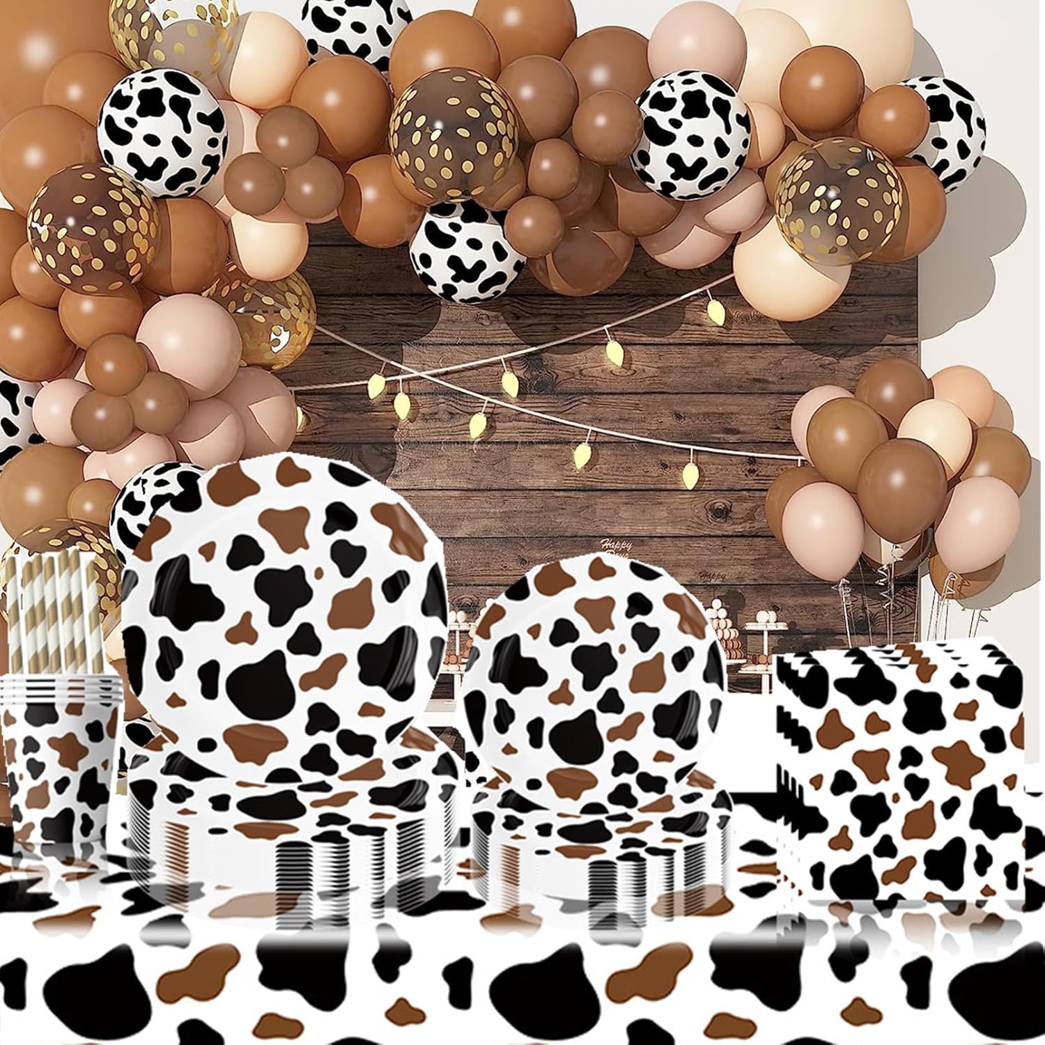 Cow Print Party Supplies, Cow Print Party Tableware Complete Pack Include Black Brown Cow Plates, Napkins, Cups Straws for Cow Birthday Baby Shower Farm Animal Party Decorations - Image 6