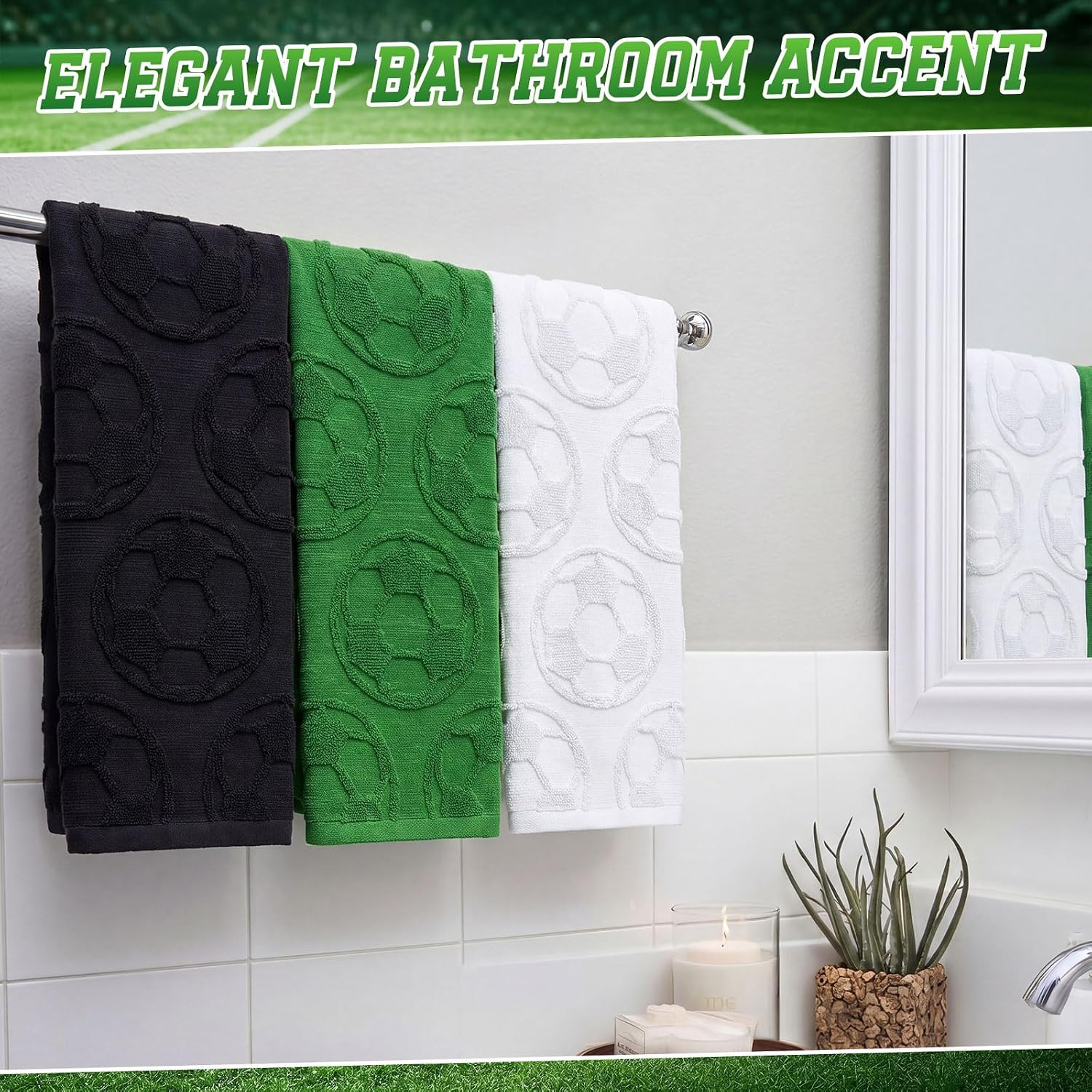 Hahafelt 3 Pack Soccer Hand Towels, 100% Cotton 14"x29" Jacquard Decorative Bathroom Towels, Sports Decor for Soccer Season, Gym Kitchen, Gift for Fans and Players
