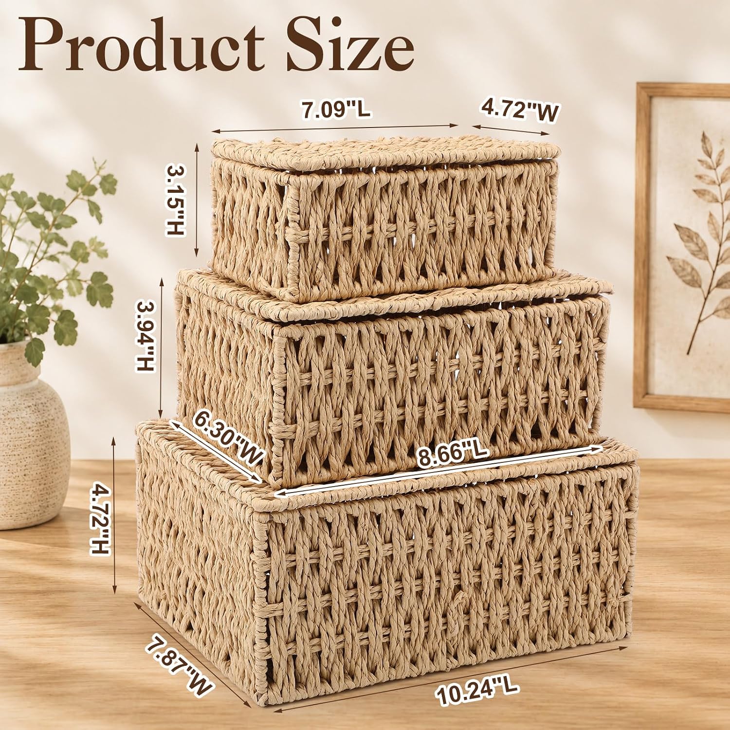 3 Pack Wicker Storage Baskets with Lid, Decorative Woven Organizer Boxes, Shelf Stackable Container Bin, 3 Size Boho Home Decor for Bedroom Living Room Organization (10.2", 8.6", 7")