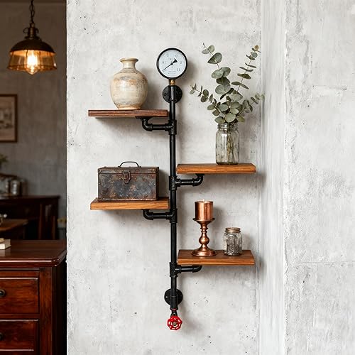 Industrial Pipe Shelving, Industrial Wall Shelf 4 Tier Pipe Shelf 31.4in Wall Mounted Shelves with Solid Wood, Floating bar Shelves Home Décor Bedroom, Living Room, Bathroom, Kitchen