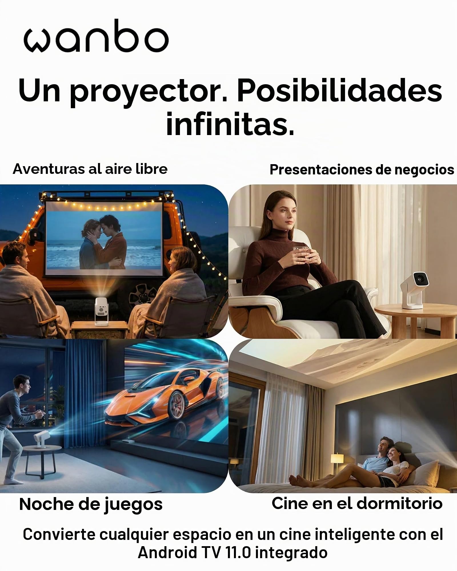 Wanbo Cube 1 Pro - Proyector Inteligente con Android TV y Google Play - Mini proyector portátil Compacto y Altavoz Bluetooth de 8 W, corrección Keystone, Cine en casa para Espacios pequeños