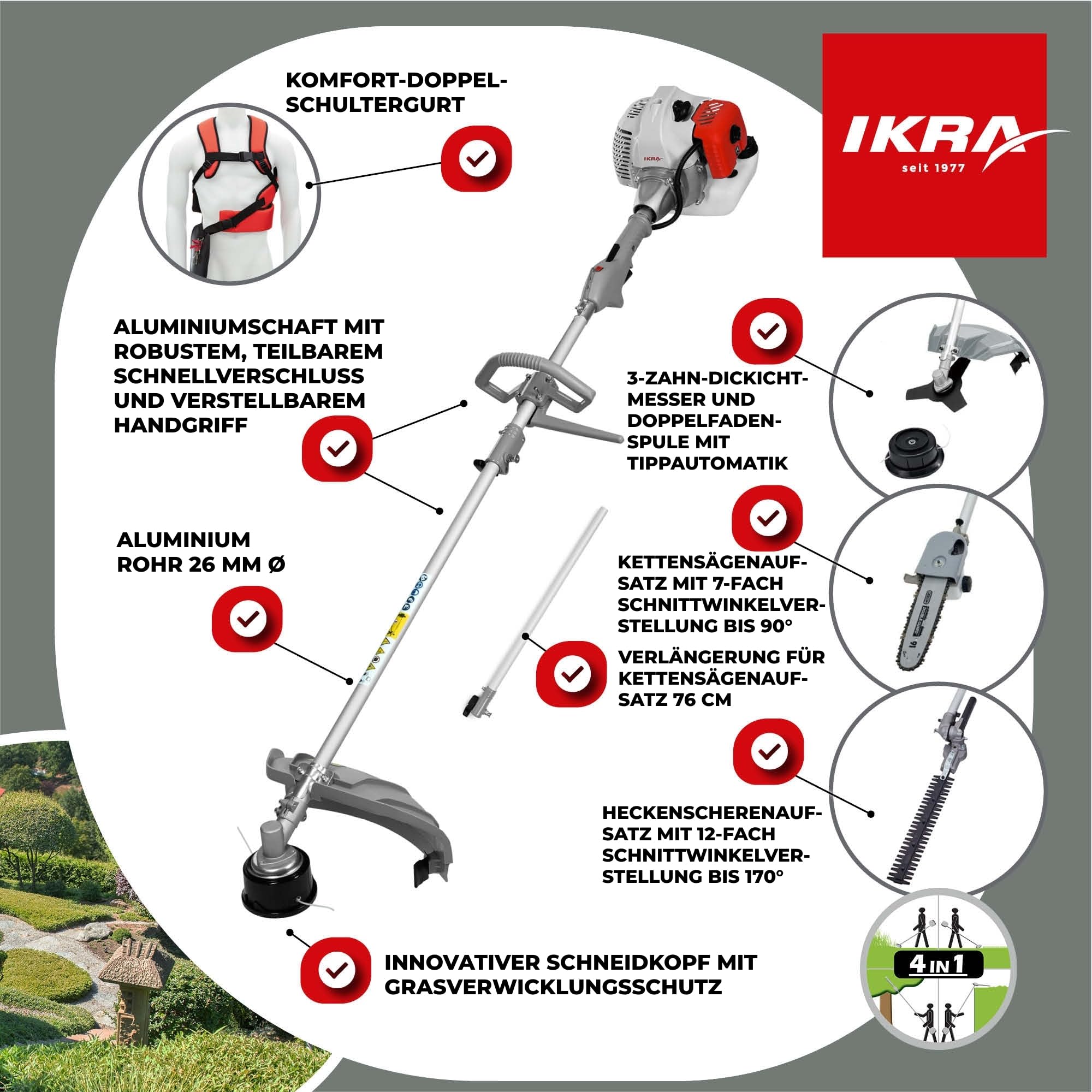 IKRA Multitool IBKH 52-1 Benzin 4in1, 51,7 cm³, 1,5 kW, inkl. Schultergurt