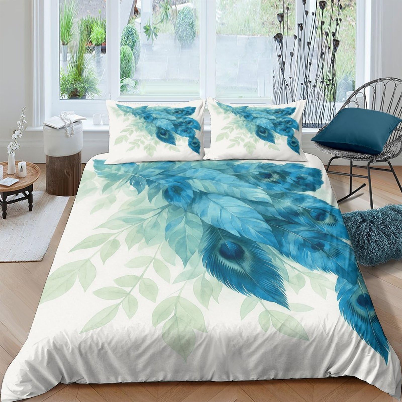 3D Printed Cosy Microfibre Peacock feathers Comforter Cover All Season Bedding Sets with Matching Pillowcase Blue botanical art Quilt Cover Sets Breathable for Couples King（220x240cm）