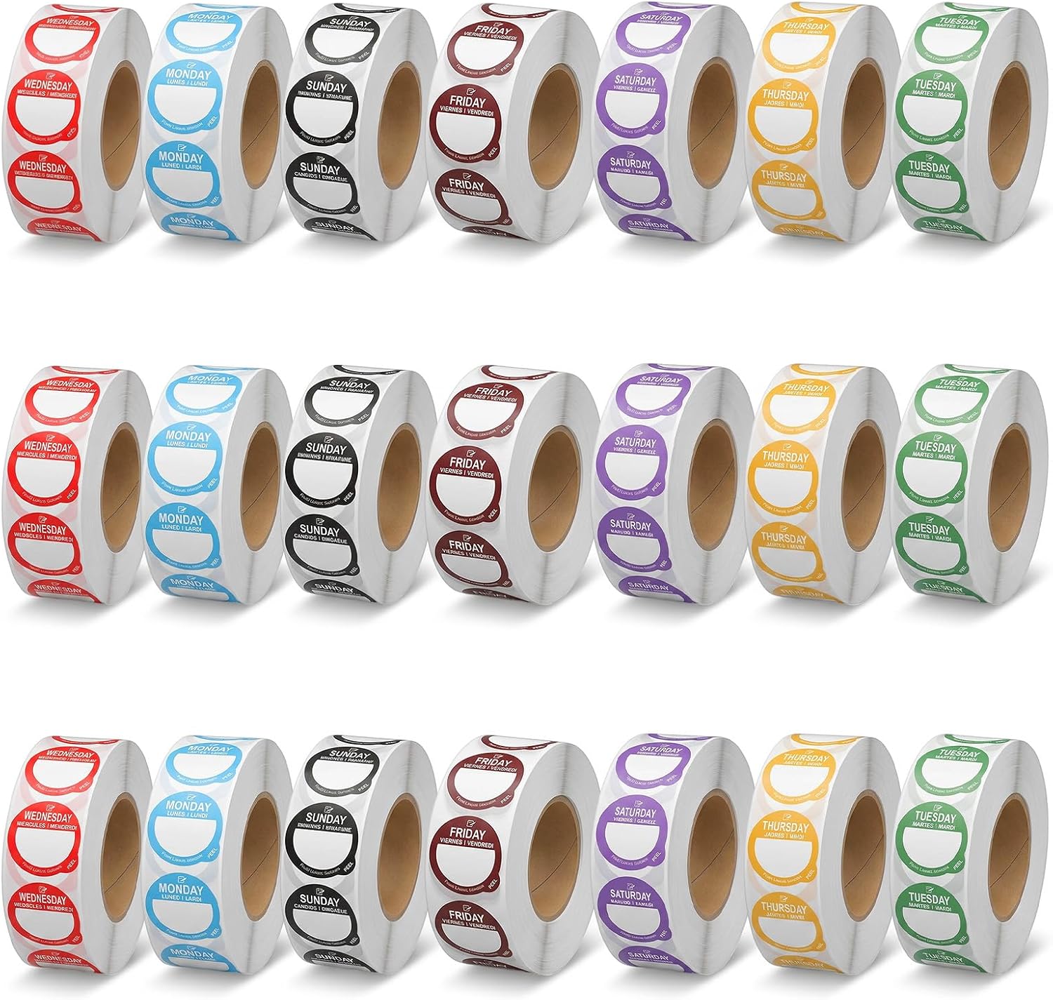 10500 Pcs Food Labels Stickers for Day of Week Organization, 21 Rolls Removable Date Dot Labels (Monday-Sunday) for Restaurant Kitchen Containers, Self Adhesive 1 Inch Round Stickers