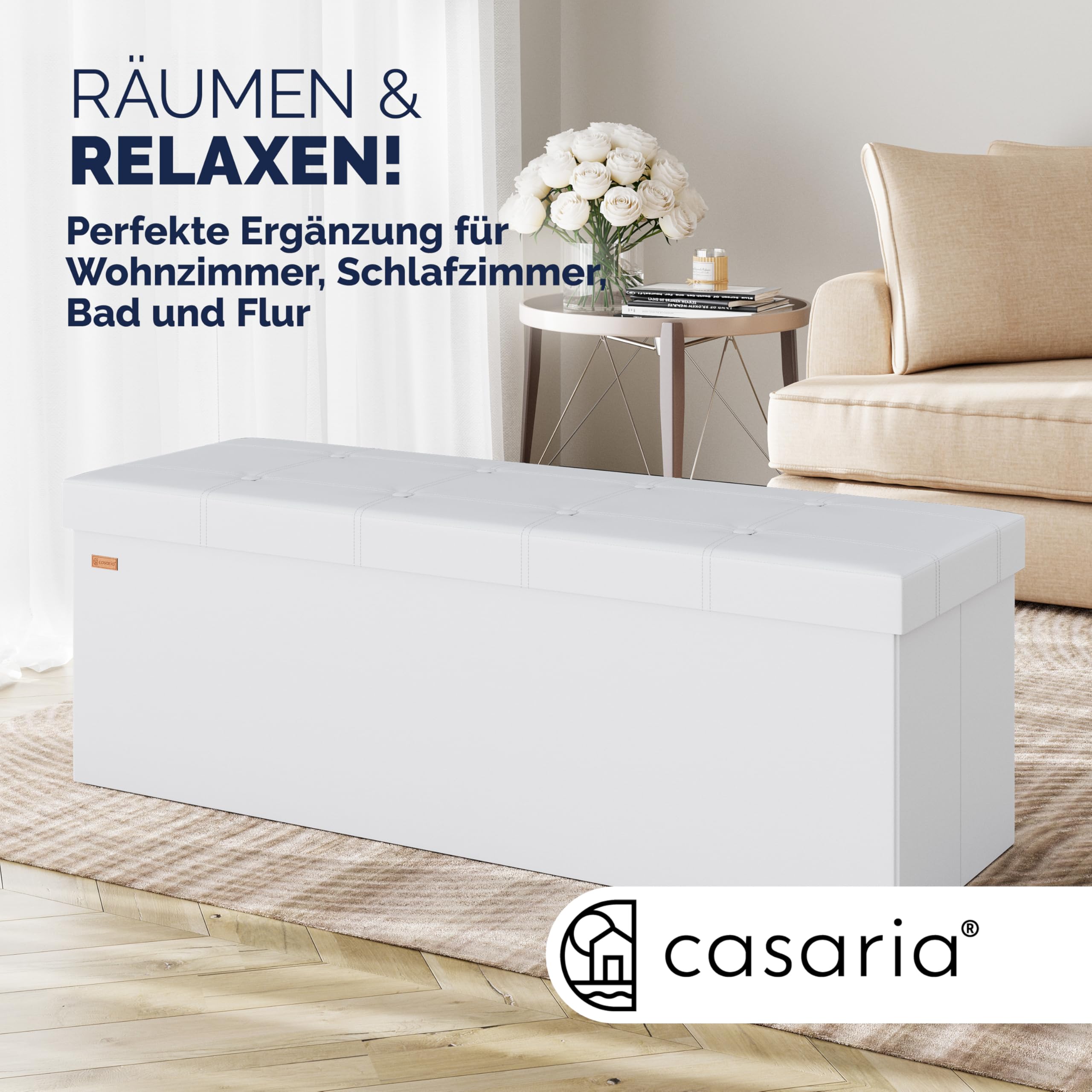 Casaria® Sitzbank mit Stauraum Faltbar Weiß 115x40x40cm Gepolstert Deckel Kunstleder Schlafzimmer Wohnzimmer Flur Sitztruhe Truhenbank Polsterbank