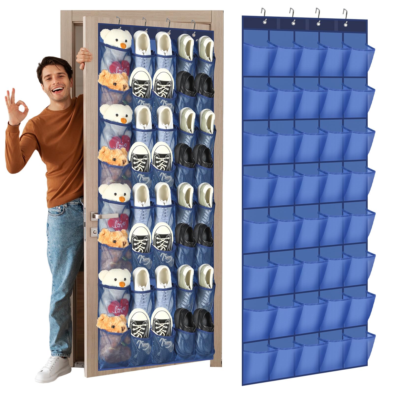 Windyun 40 Large Over the Door Hanging Shoe Organizer Navy Blue Mesh Pockets Shoe Rack for Closet Behind Door Hanger Storage Holder Nonslip for Cruise