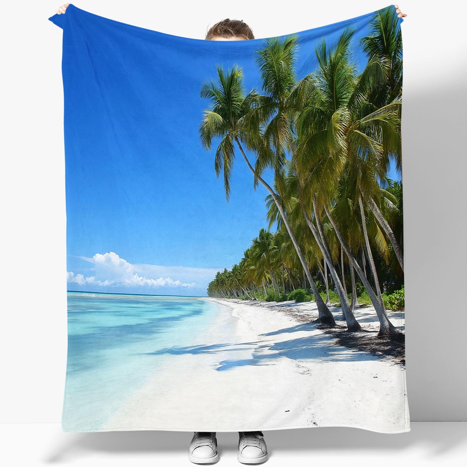 Koc flanelowy, koc do przytulania, niebieski, zielony, na kanapę, lekki, miękki, przytulny koc dekoracyjny do salonu, 3D, naturalny tropikalna plaża, ciepły koc do mieszkania, 200 x 220 cm