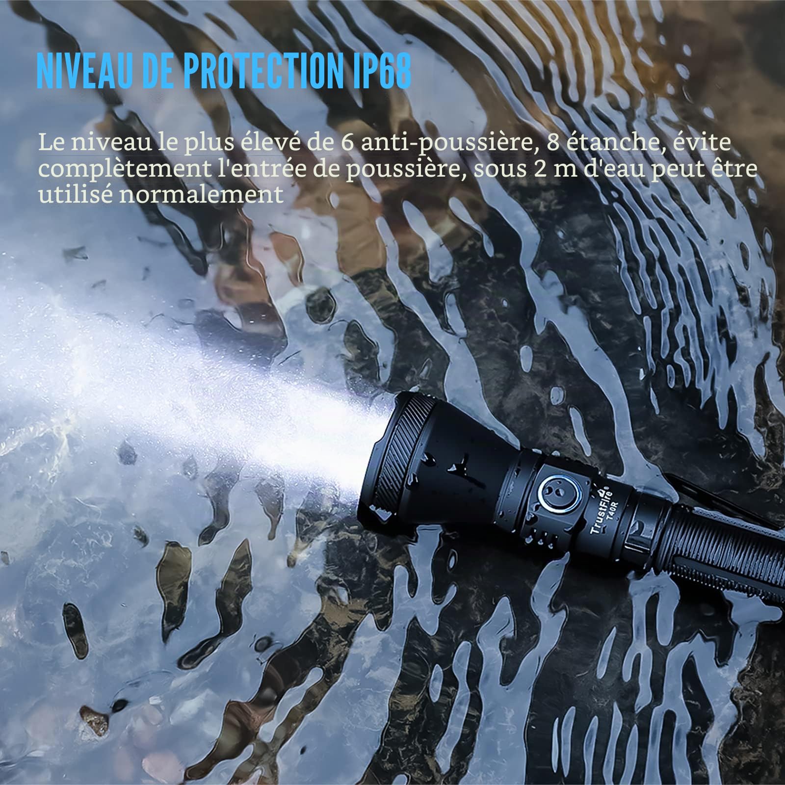 TrustFire T40R Lampe de poche LED, 1800 Lumens, Rechargeable USB, Tactique militaire, Étanche IP68, Portée 550m Torche Puissante, Double Interrupteur, pour Chasse et Camping Randonnée Recherche