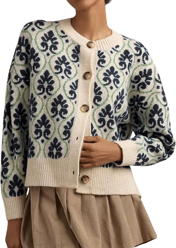 ROYUNA Women's Floral Cropped Cardigan - Open Front Knit Sweater For Fall Winter - View #4