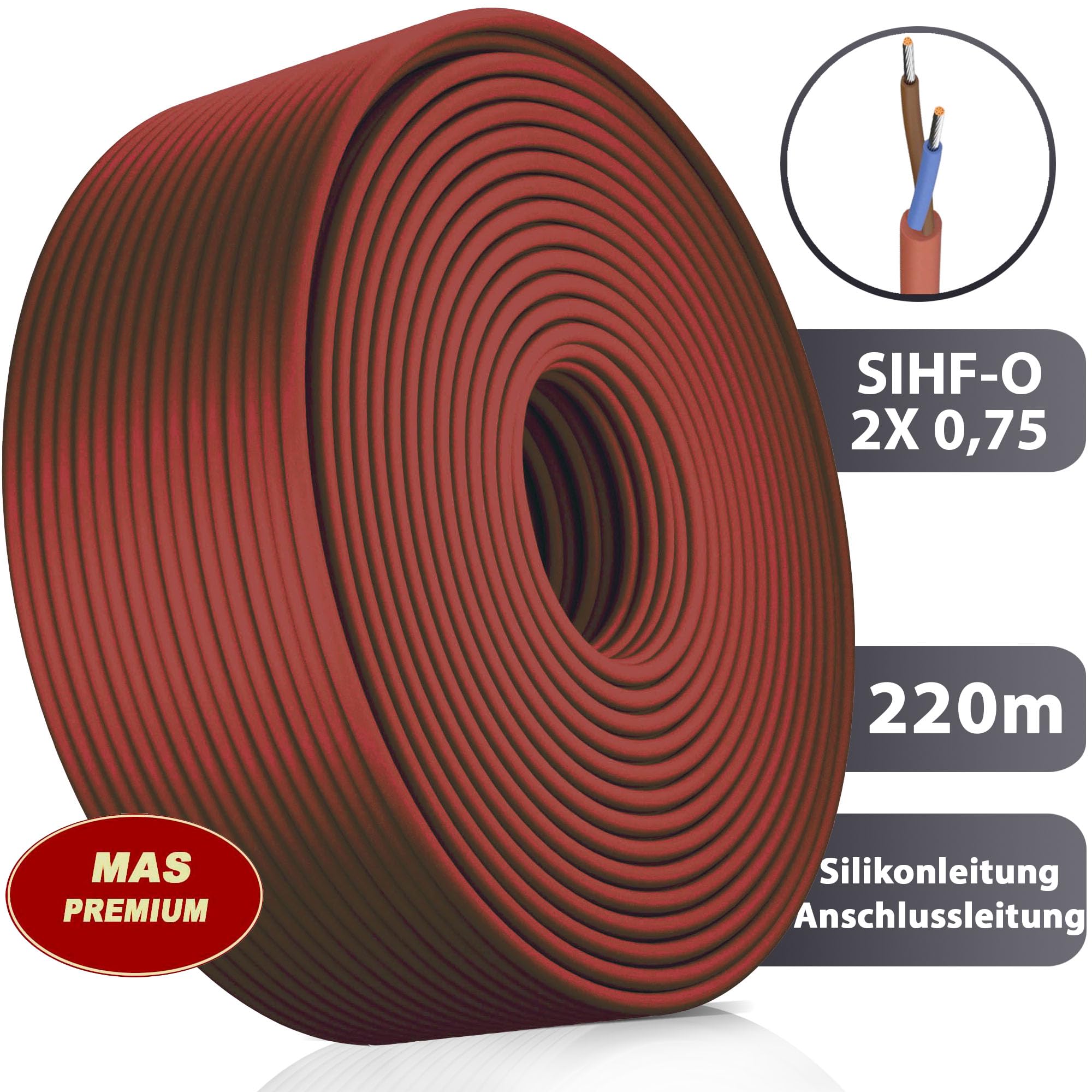 MAS Premium SIHF-O Cable de silicona de 5 a 250 m, cable de conexión, cable de sauna, 2 x 0,75 mm, alambre fino, flexible, sin halógenos, de alambres de cobre para dispositivos de alta temperatura