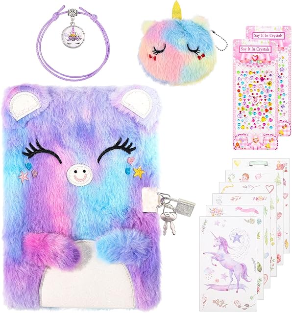 Dacitiery Secret Diary for Girls, Plush Journal Notebook with Lock, Furry Unicorn Coin Purse, Stickers, Bracelets Gift for Kids Girls Boys