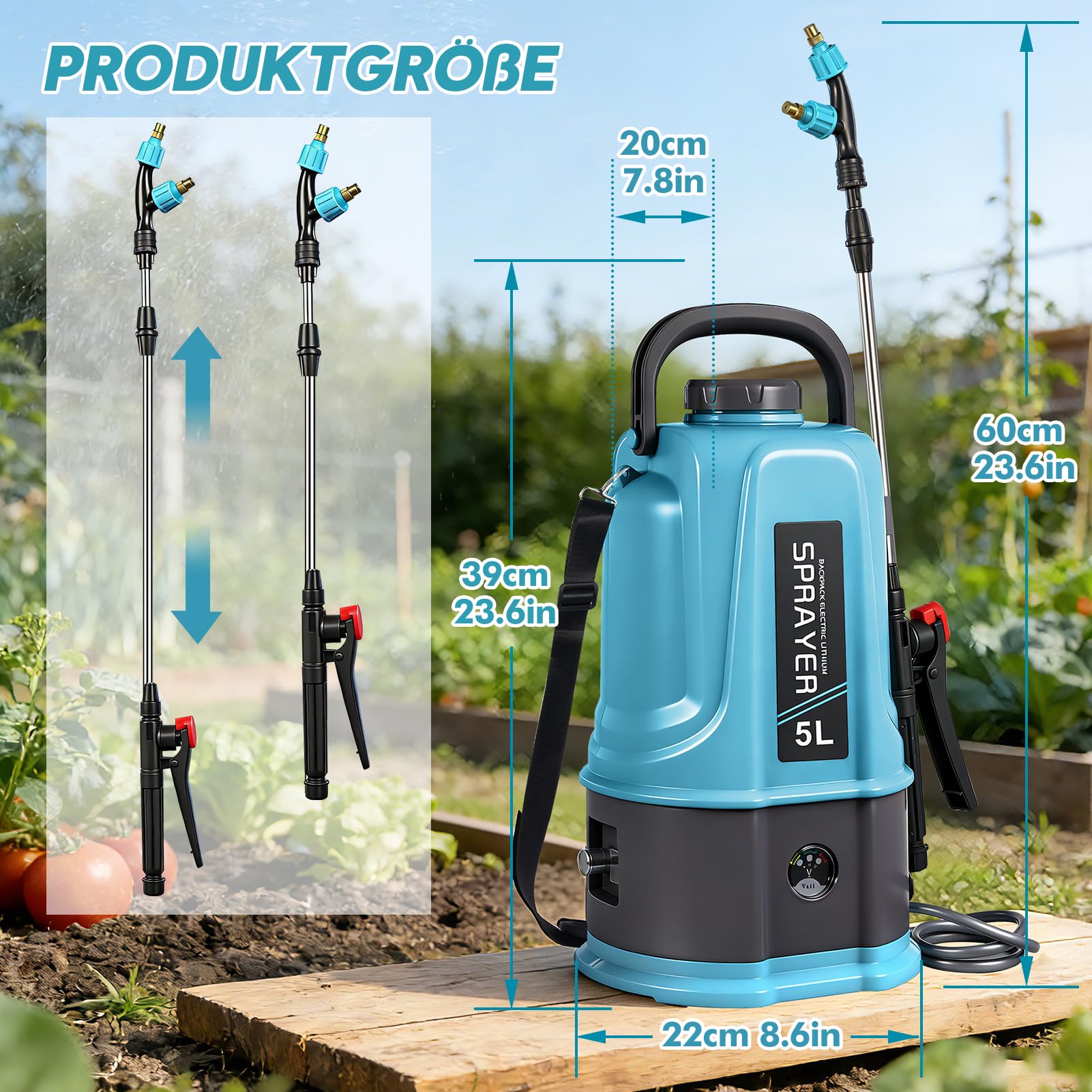 Akku Drucksprüher 5L,45PSI Rückenspritze Pflanzensprüher Kompatibel mit Makita 12V Batterien,Elektrischer Pflanzensprüher mit 4 Düsen,60cm Teleskopstab,2.0 Ah Akku,Ladegerät