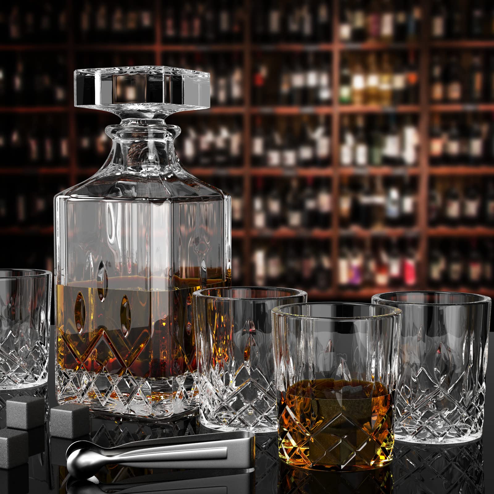 Cieex Juego de jarra de whisky, decantador de 750 ml con 4 vasos de whisky de 220 ml, 12 piedras, caja de regalo, regalo para el día del padre para hombres, transparente