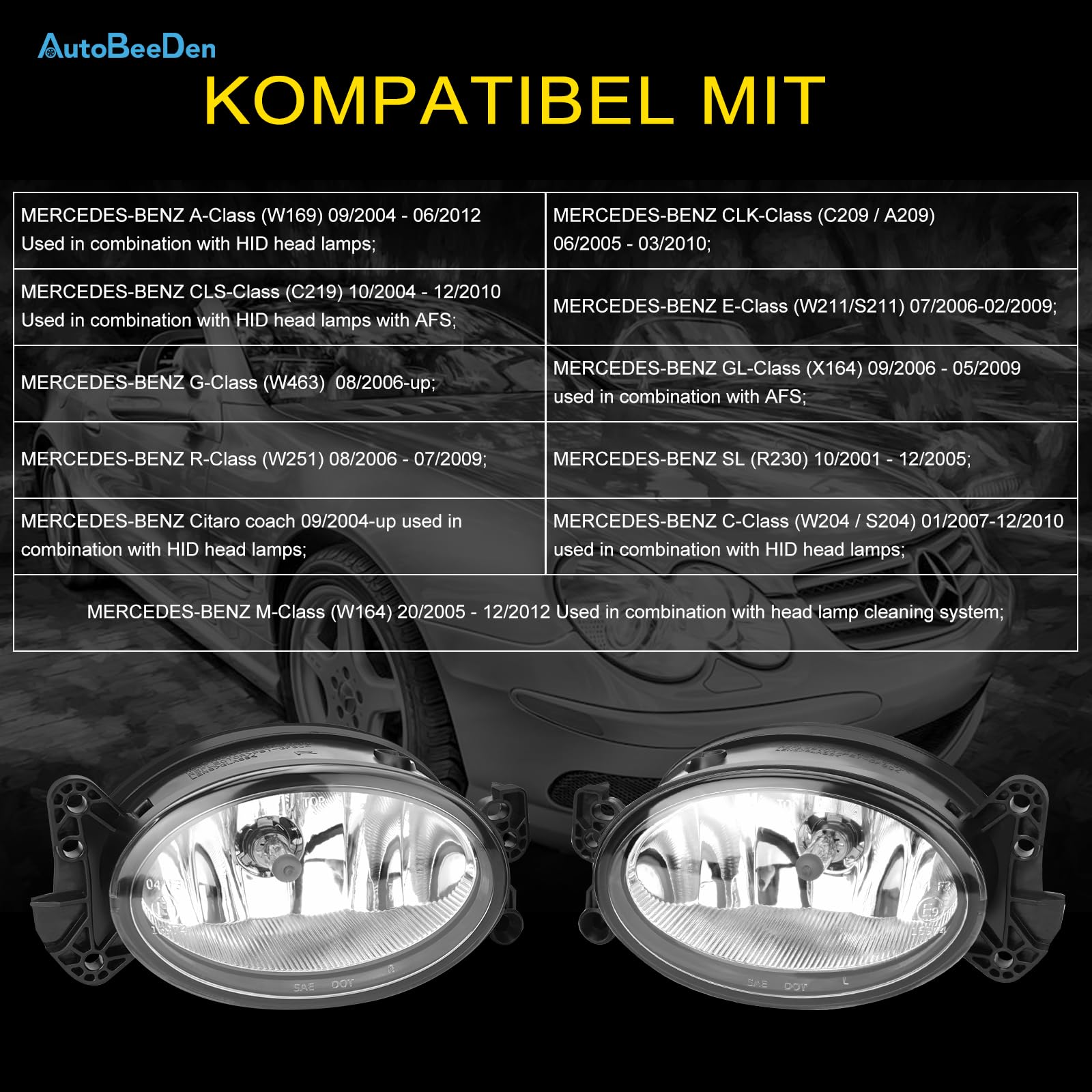 Nebelscheinwerfer für Mercedes Benz MB W169 C209 A209 C219 W211 S211 W463 X164 W251 R230 W204 S204 W164 Citaro, (A CLK CLS E G GL R SL C M Klasse), 10/2001-12/2012