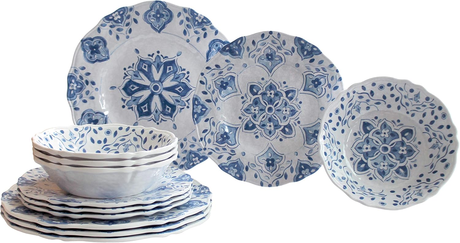 Le Cadeaux 12 Piece Luxury Melamine Dinnerware Set, Service for 4 (12PCMRCB)