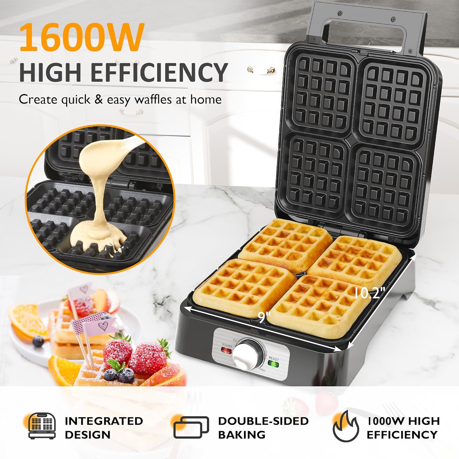 Sunvivi 4 Slices Waffle Maker with batter being poured and dimensions indicated.