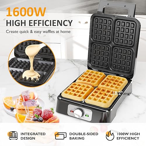 Miniatura 3 de Sunvivi Máquina de gofres de 4 rebanadas plancha eléctrica para gofres con control de temperatura ajustable, máquina de gofres antiadherente con luz