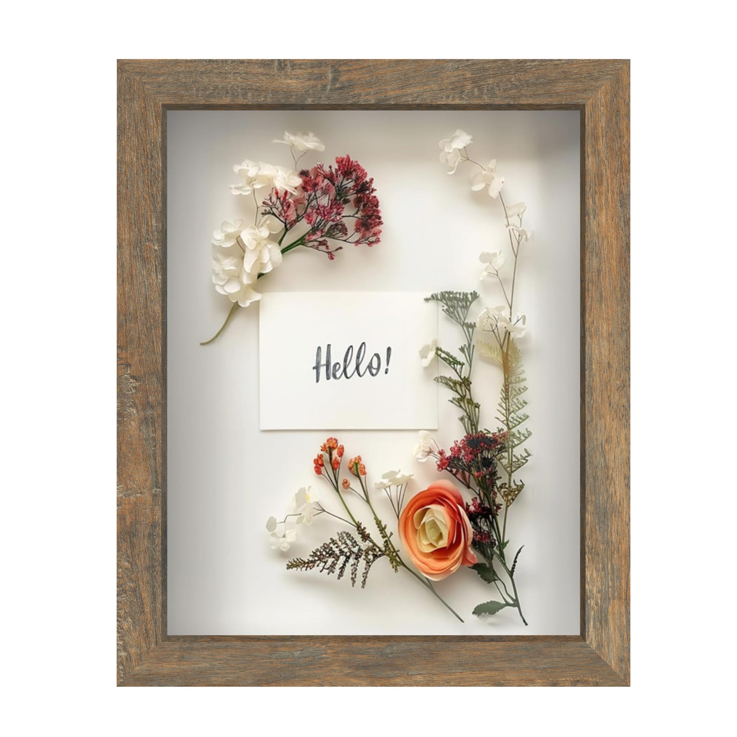 FrameWorks 8x10 Driftwood Wooden Shadow Box Frame – Soft Felt Back, Tempered Glass, and Included Elegant White Ball Push Pins