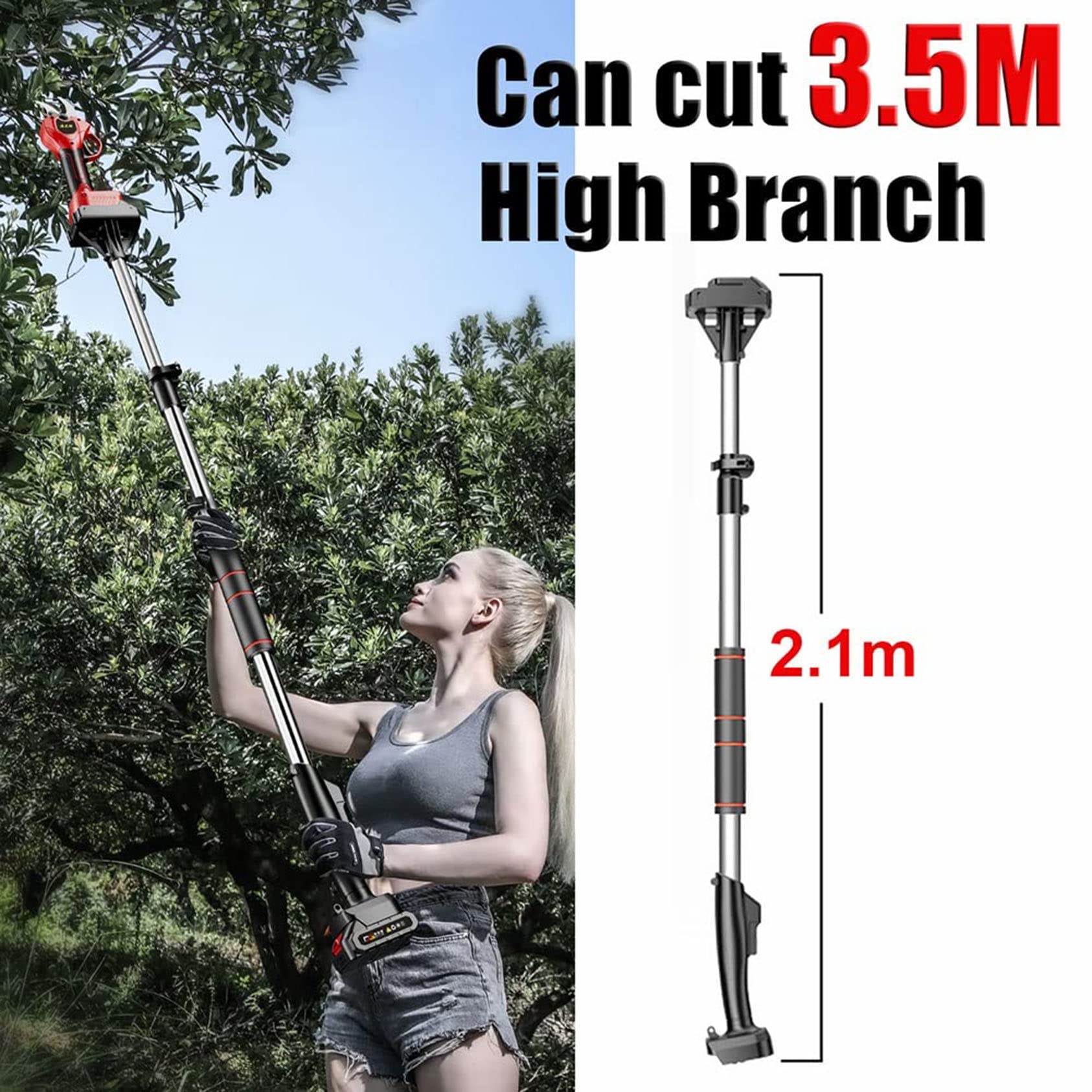Podadora Eléctrica, Tijeras De Podar para Huertos Al Aire Libre, Cortadora De Ramas Recargable con Batería Recargable Y Poste De Extensión De Alto Alcance,Red-1battery