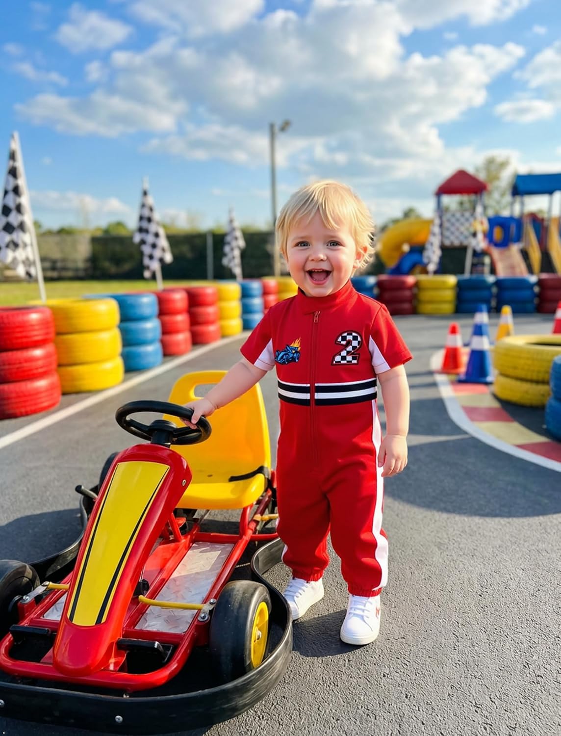 IWEMEK Toddler Boy Race Car Driver Jumpsuit 1st 2nd 3rd Birthday Cake Smash Outfit Kids Racing Suit One Piece Racer Romper
