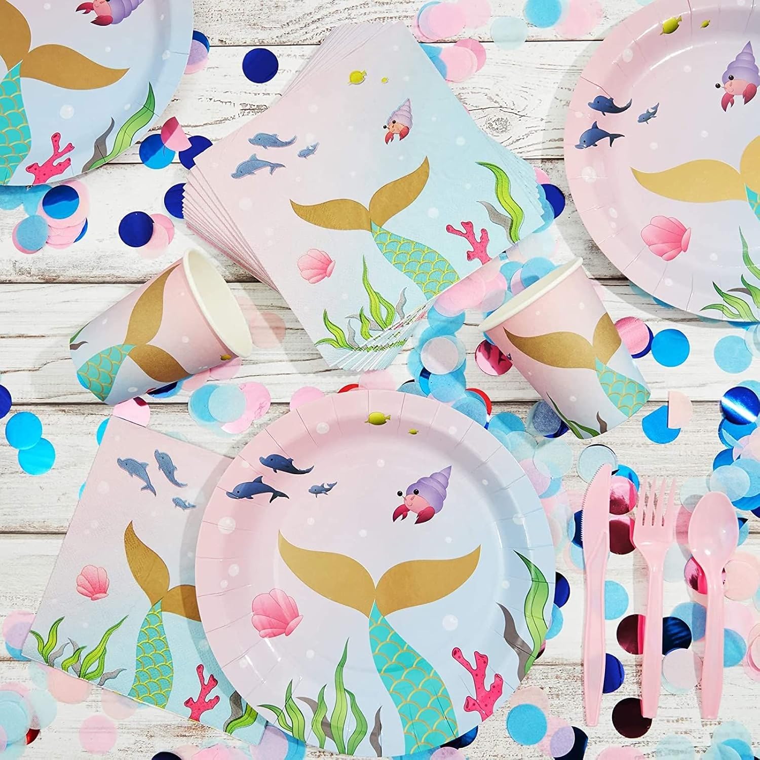 144 Piece Mermaid Birthday Party Supplies Bundle - Dinnerware Set with Plates, Napkins, Cups, and Cutlery for 24 Guests - Perfect for Mermaid Birthday Decorations
