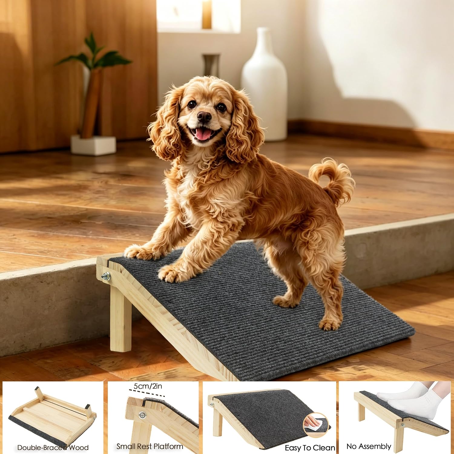 Dog Ramp Stairs for Pets - Durable Anti-Slip Carpet Surface, Wooden Low-Angled Pet Ramp Assist for Injured & Aged Pets, Stairs Ramp for Small Dogs & Cats, Adjustable Support Legs (1-Pack)
