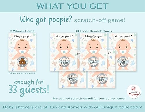 Vista 2 de Baby Shower Games - 33 tarjetas de sorteo, Emojie poopie Emoji, boleto de lotería de raspadita, 3 ganadores, 5 diferentes diseños de tarjeta Feria