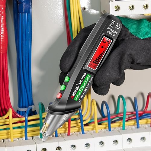 Miniatura 7 de ANENG Probador de voltaje sin contacto de transmisión de voz con rango CA 12V-1000V, herramientas eléctricas de cable vivonulo con pantalla LCD,