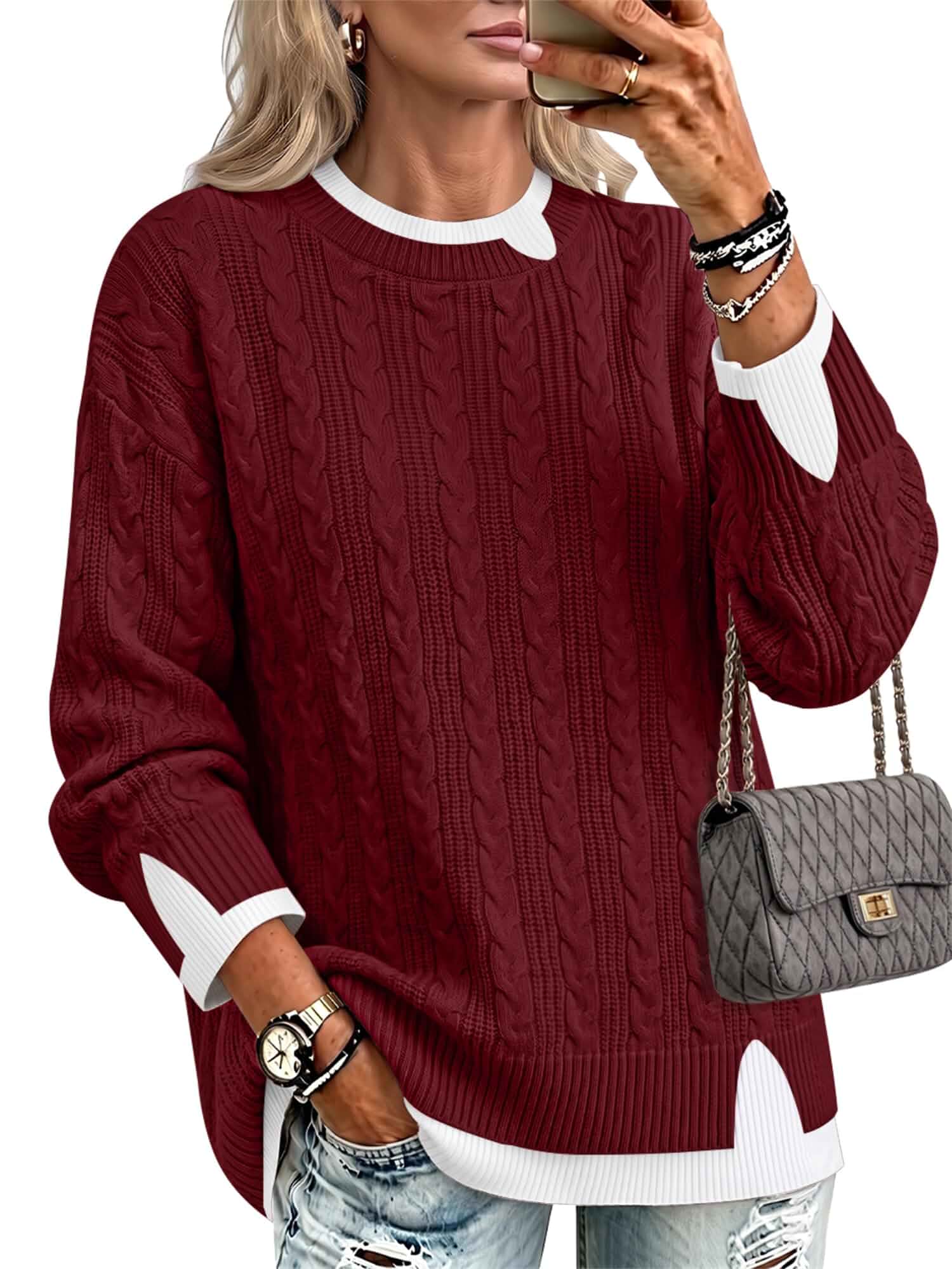 SAUKOLE Women's Oversized Cable Knit Pullover Sweater Outfits Jumper Tops Long Sleeve Crewneck Chunky Knitted Loose Dressy Winter Vocation Outwear Cozy Warm Layering Piece Fall Fashion Clothes