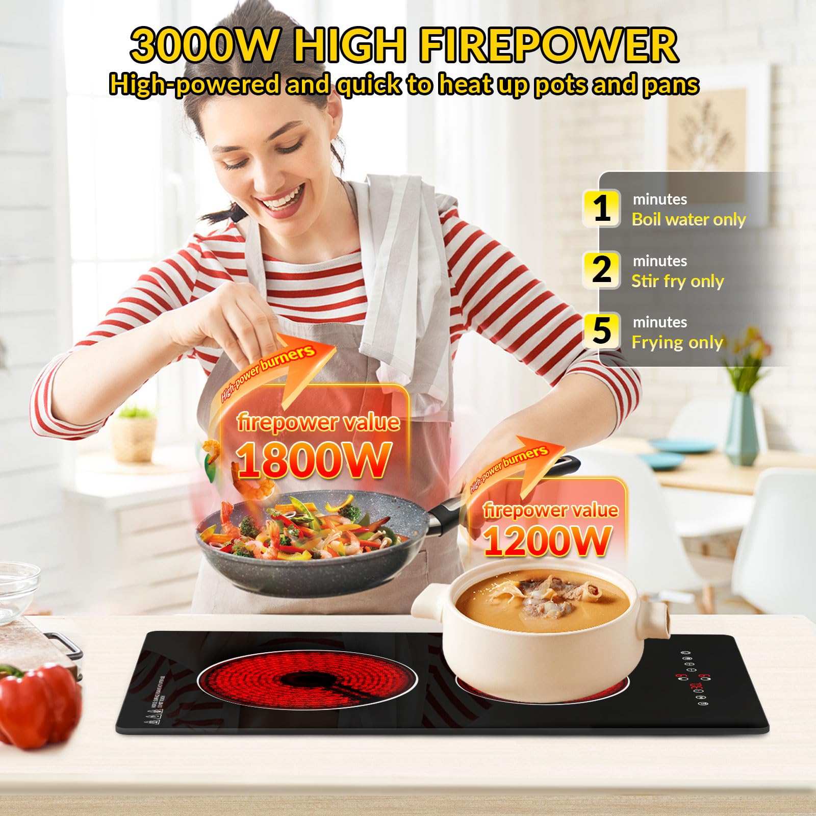 Plaque Vitrocéramique 2 Feux Encastrable, Plaque de Cuisson 3000W Tactile, 9 Niveaux de Puissance, Maintien au Chaud, Minuterie, Sécurité Enfants, Compatible Tous Types de Casseroles