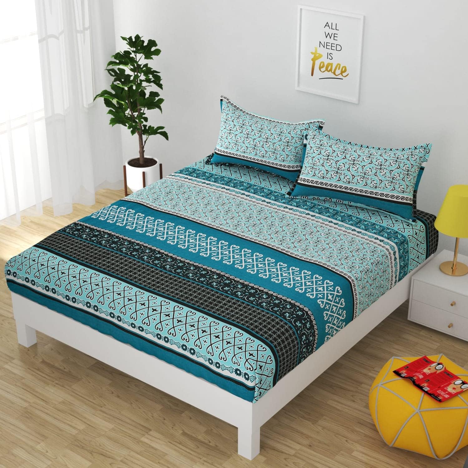 TIB® The Intellect Bazaar Striped 100% Cotton Elastic Fitted King Size Bedsheet with 2 Pillow Covers - Green | 160 TC | Best Suitable for 78"X72"X8" inch Mattress