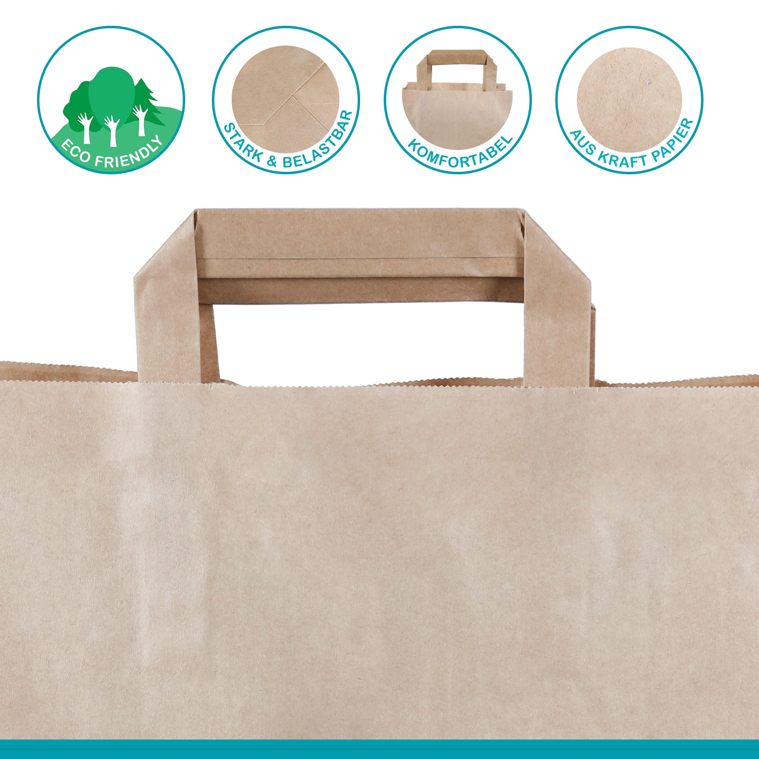 Torby papierowe, 250 sztuk, torebki na prezenty, torebki z papieru typu kraft, z uchwytami, torba do przenoszenia, papierowe torebki (32 + 22 x 25 cm - 250 sztuk, brązowe)