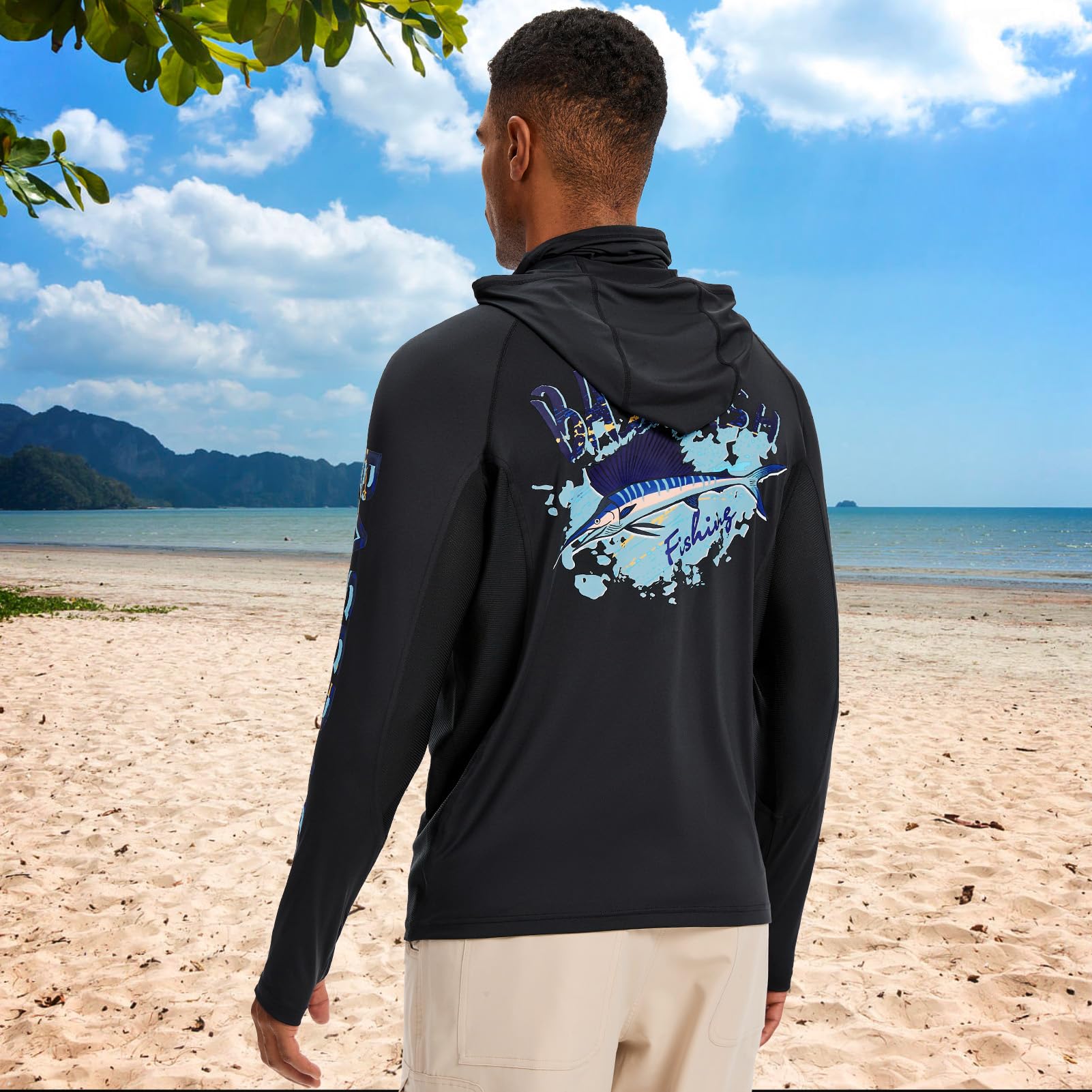 Bassdash Sudadera con Capucha Hombre con Mascarilla, UPF 50+, Estampado de Pesca, Manga Larga, Tejido Técnico Transpirable y Secado Rápido, Modelo FS47M