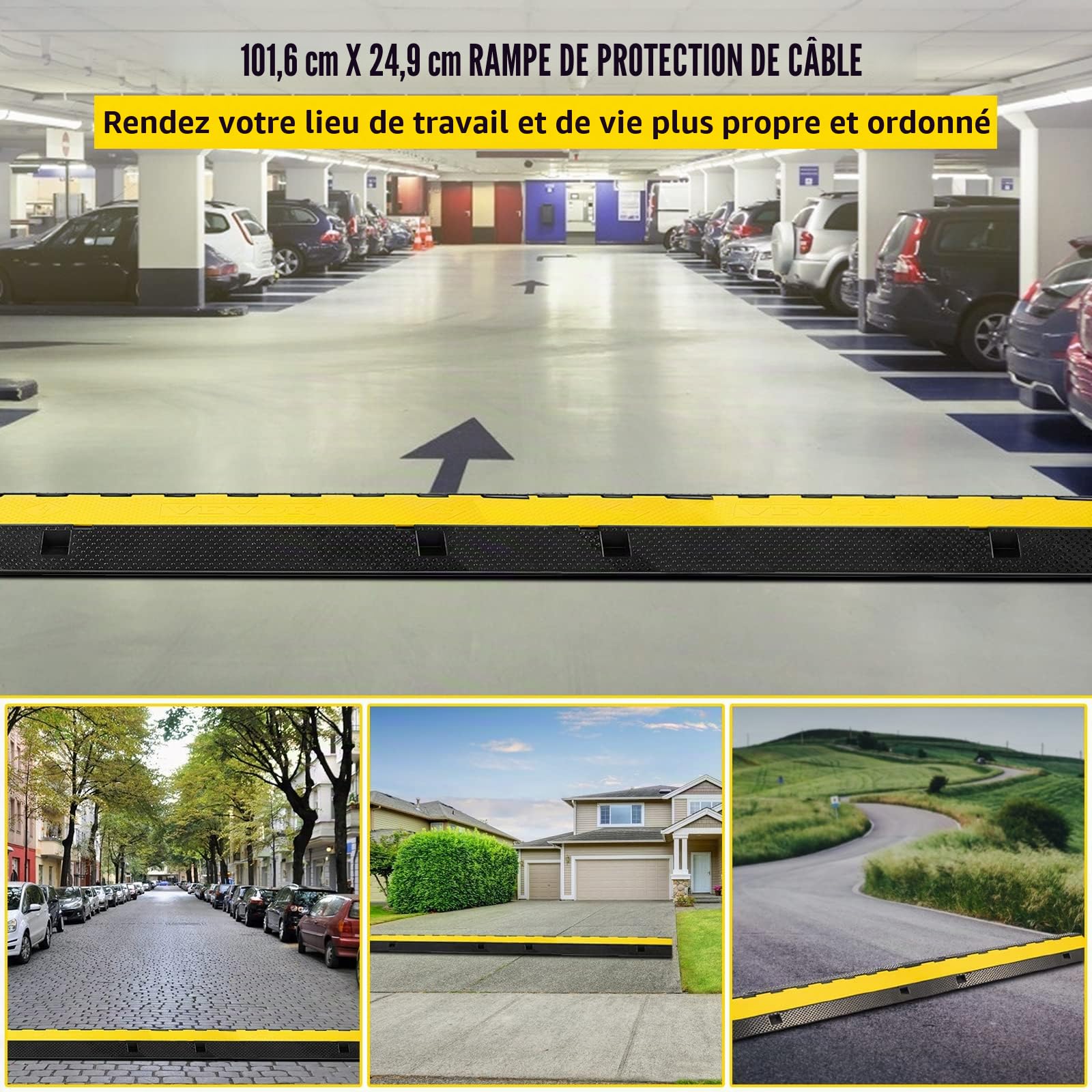 VEVOR Rampe de Protection de Câble 22,000 lbs Rampe de Cache-Câble 3 Canaux Passe Câble Sol Protecteur de Câble Sol Goulotte Passe Câble Couvre Câble Parking Entrepôt Concert Hôtel Scène