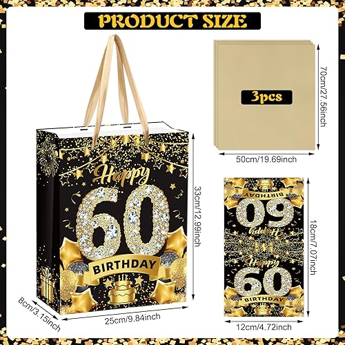 Miniatura 2 de Bolsa de regalo de 60 cumpleaños color negro y dorado, bolsa de regalo de 60 cumpleaños con papel de seda y tarjeta, bolsas de regalo de papel kraft