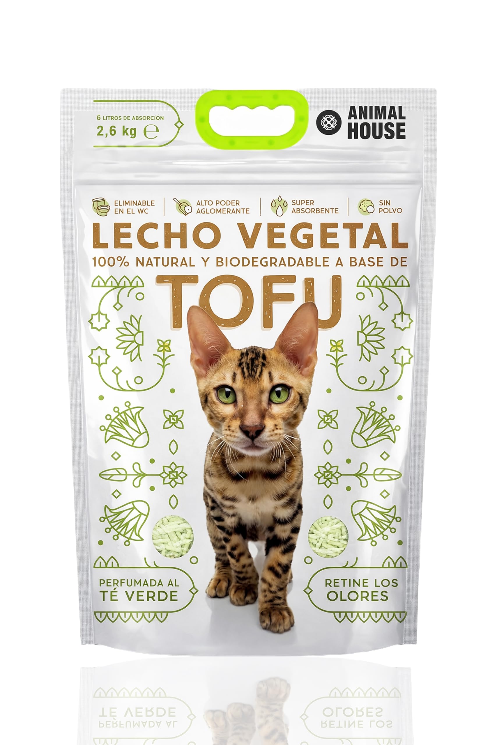 Animal House Arena Natural al Tofu, Segura para Humanos y Animales, no se Raya, Antipolvo, perfumada con té Verde, retiene los olores sin Molestar a los felinos, 2,6 kg