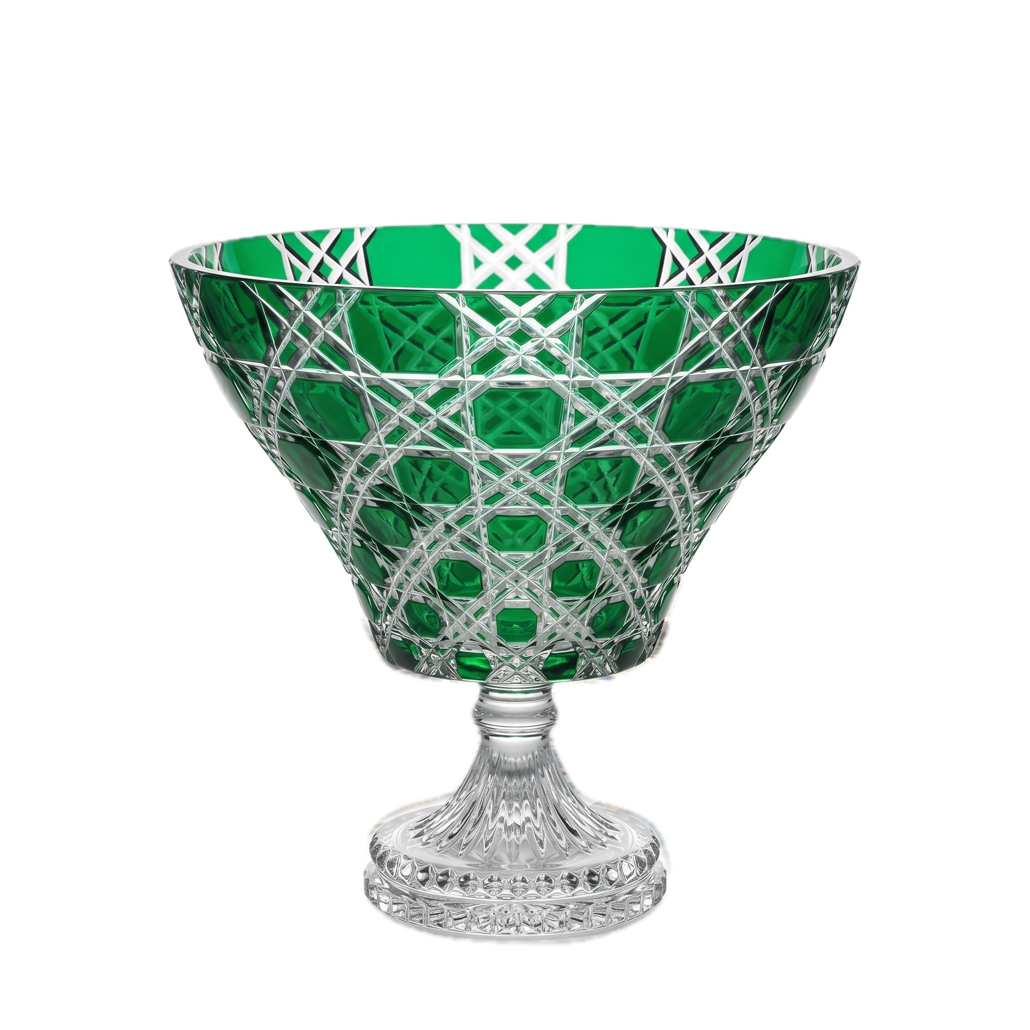 Molten Majesty Verdura Emerald Cut to Clear Crystal Footed Bowl – Handcrafted Pedestal Centerpiece & Decorative Compote – Luxury Green Glass Decor, 1 Piece