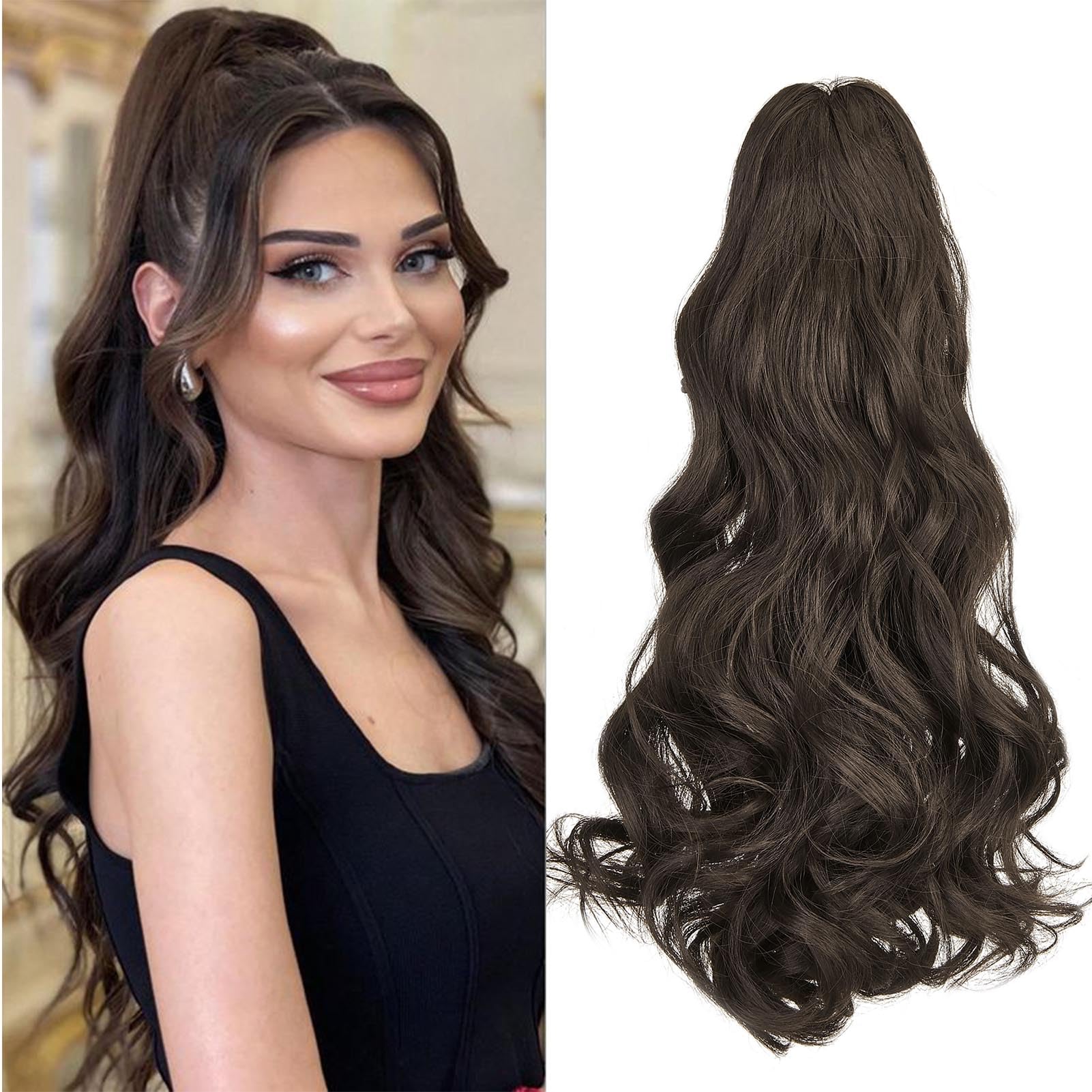 Cybelleza Ponytail Extension Curly Wavy Claw Jaw Pony Tail 18" One Piece Clip in Hair Extensions Ponytail Hairpiece Synthetic Long Natural for Women Medium Brown