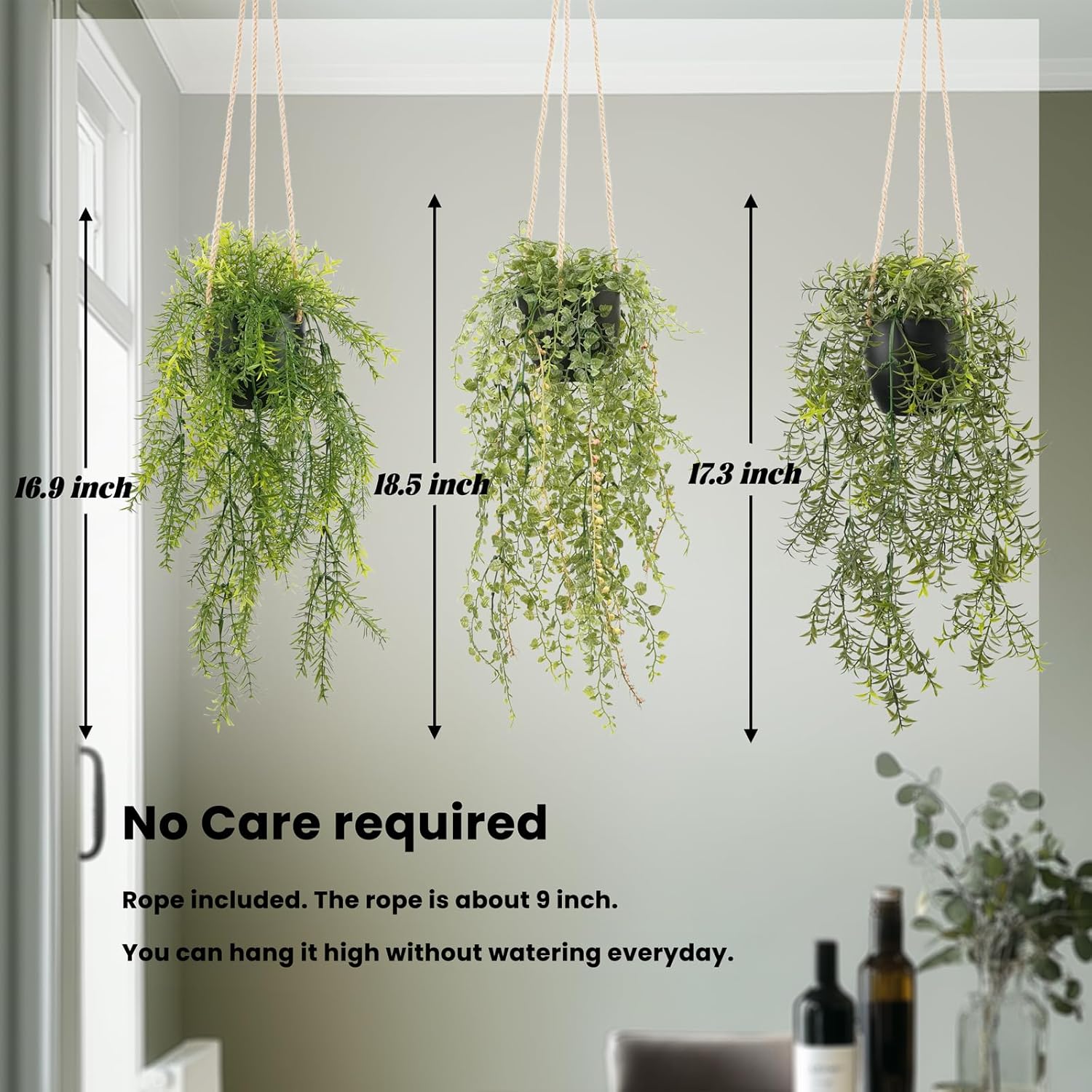 3 Packs Fake Hanging Plants with Black Pots, 18.5" Artificial Hanging Plants for Wall Decor, Fake Plants Mandala Vine Indoor/Outdoor for Home Bathroom Bedroom Kitchen Office Room Decor - Image 3