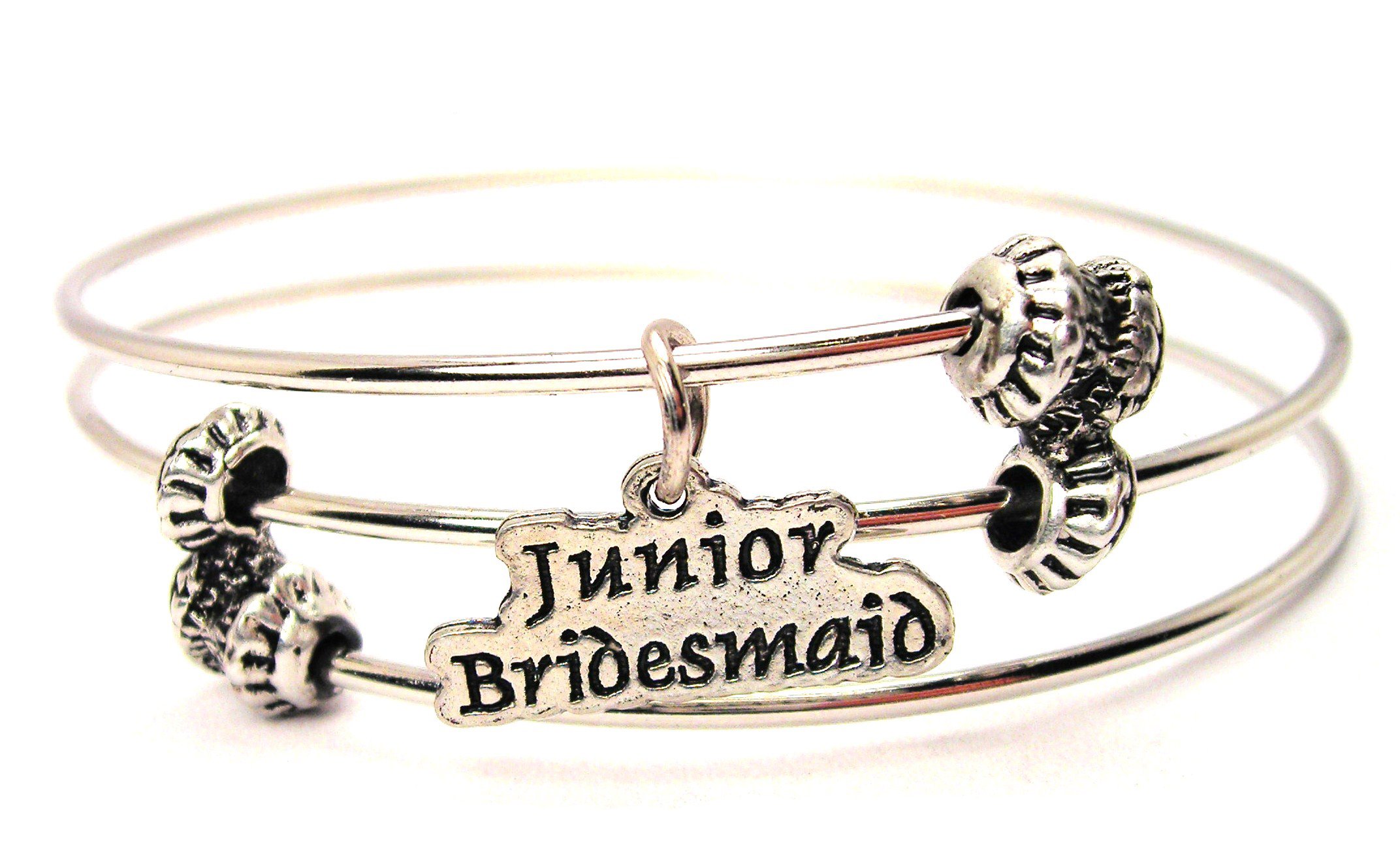 ChubbyChicoCharms Junior Bridesmaid Scripted Font Charm Expandable Wire Triple Style Bangle Bracelet, 2.5"