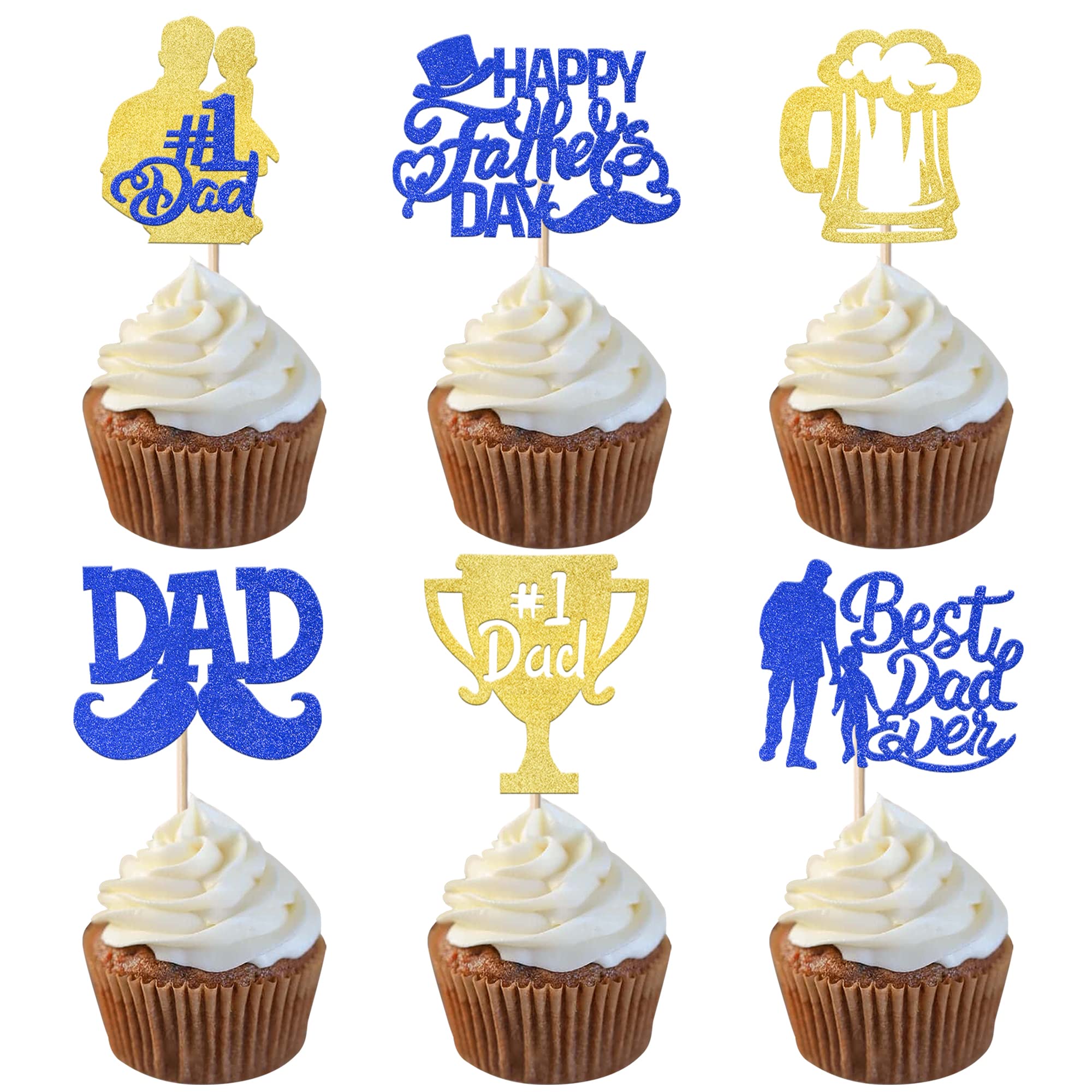 SYKYCTCY 24 Pack Best Dad Ever Cupcake Toppers Glitter Happy Father's Day Cupcake Picks for Father's Day Love Dad Moustache Hat Birthday Cake Decorations Party Supplies