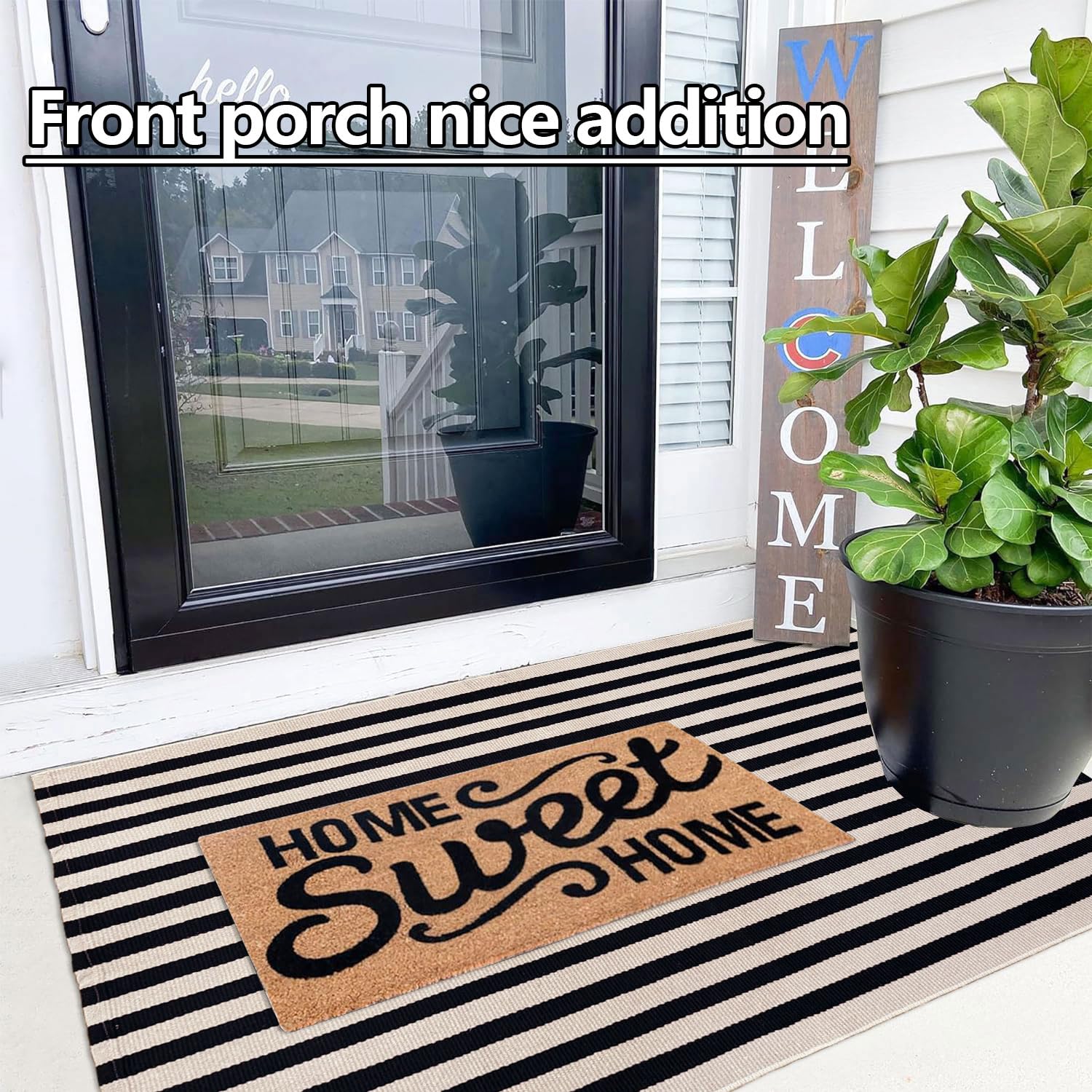 Indoor Outdoor Rug 3x5 Front Door Mat Outdoor Cotton Welcome Mat Outdoor Farmhouse Layered Mat Washable Stripe Outdoor Mats for Entrance Front Door Porch Balcony(Black/Tan) — view 2