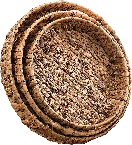 Miniatura 9 de Cedilis Juego de 3 bandejas redondas de frutas de hierba, bandeja de mesa auxiliar tejida a mano, bandeja de almacenamiento decorativa para