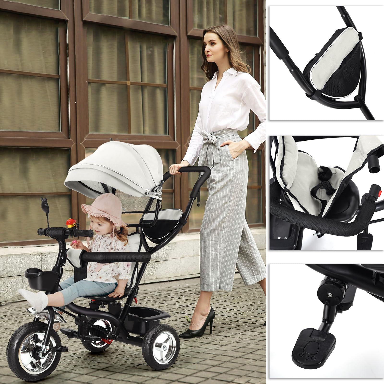 Triciclo Bebe 4 en 1 con Campana y Espejo Retrovisor – Carrito Infantil Evolutivo con Respaldo Ajustable y Capota – Silla de Paseo Triciclo para Niños de 1 a 5 Años – Plegable y Seguro-Gris