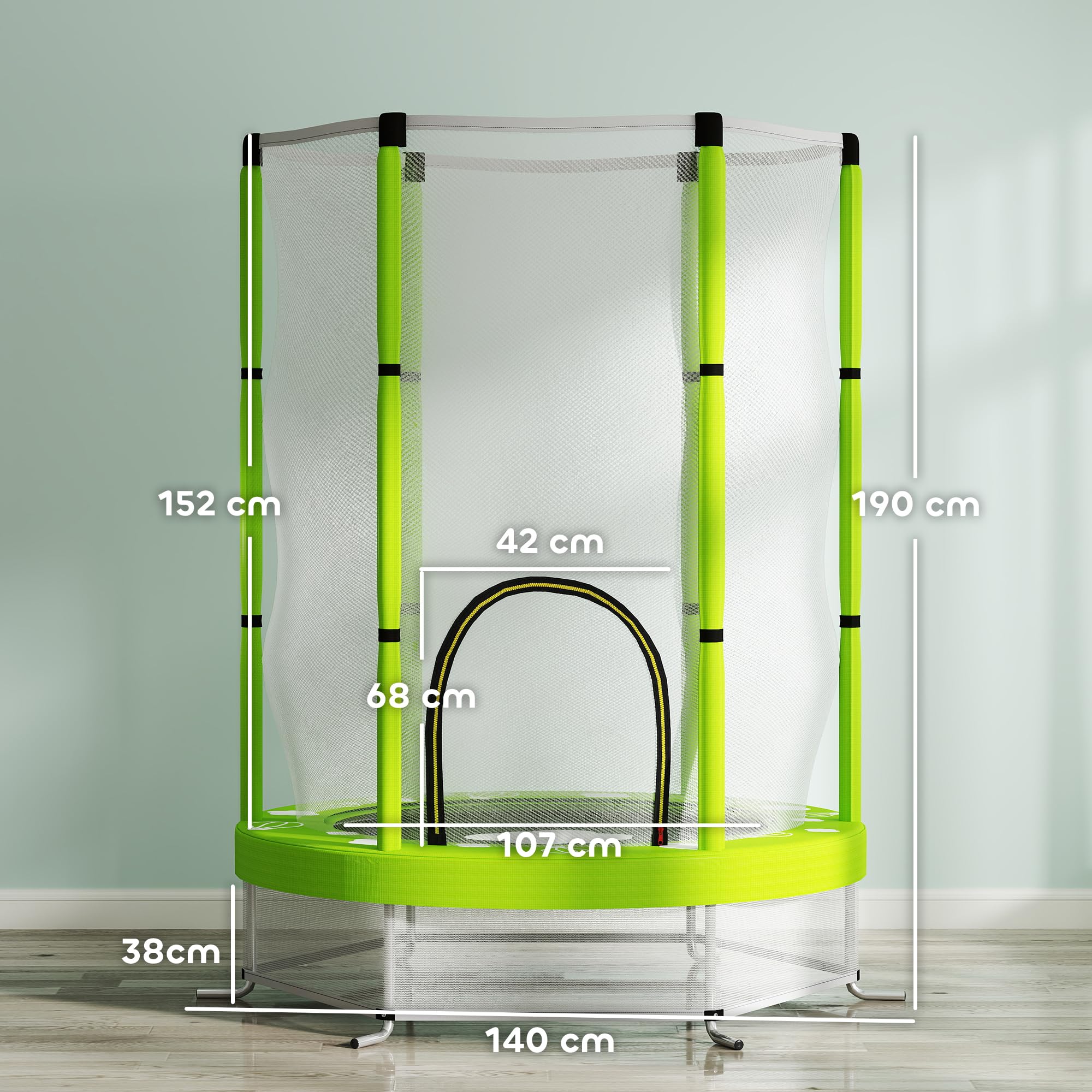 AIYAPLAY Trampolino Elastico per Bambini Ø140 cm con Rete di Sicurezza, Tappeto Elastico per Bimbi da 3-6 Anni con Disegni, per Interno ed Esterno, Verde