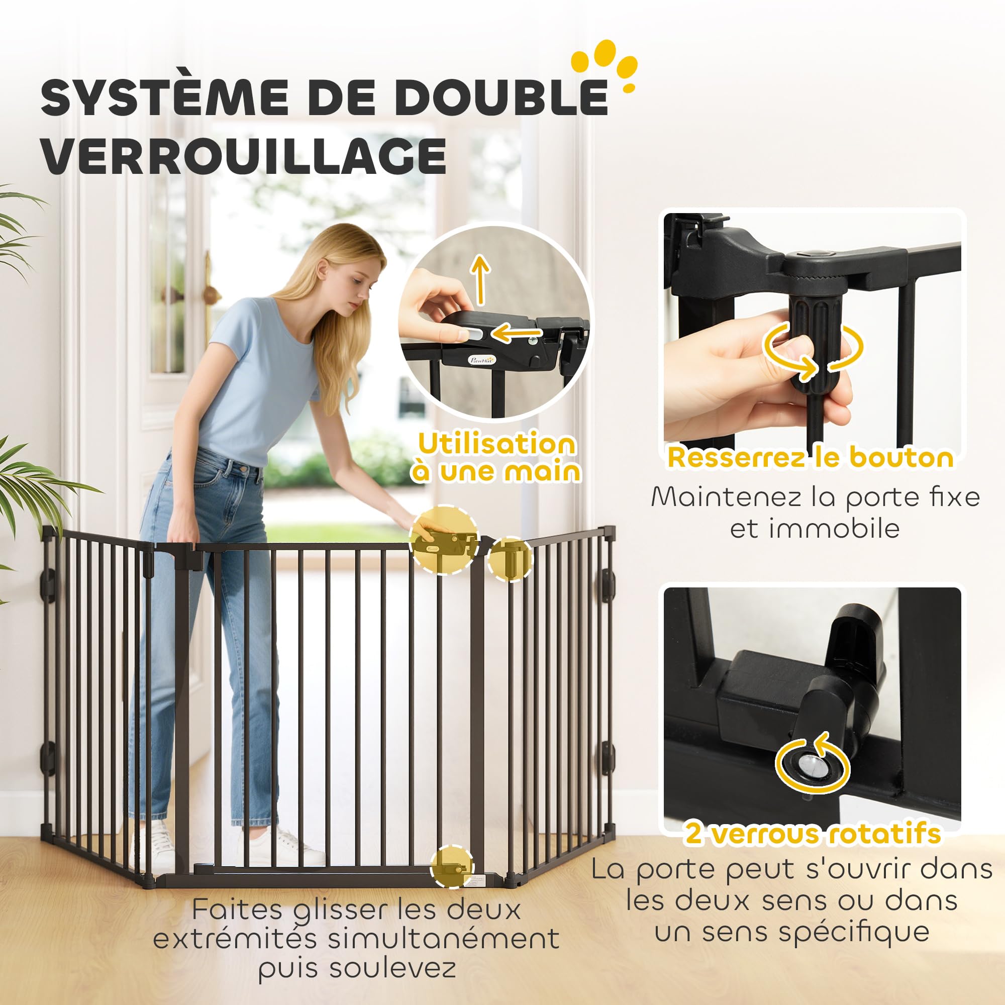 PawHut Barriere de securite Chien Pliable avec Porte en Acier, Barriere de securite cheminée 3 Panneaux modulable Fermeture Automatique, Grille de Protection pour Animaux 202,5 cm, Noir | 3 Panneaux Modulable, Fermeture Automatique, Grille de Protection p