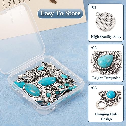 Miniatura 3 de Colgantes de estilo tibetano, dijes de piedra turquesa sintética para collar, pulsera, joyería, fabricación de artesanías, Metal, No es una piedra