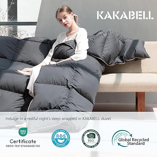 Miniatura 7 de KAKABELL Edredón de plumón de ganso tamaño King, relleno de edredón sin ruido con pestañas, color gris sólido, funda de 100% algodón, tamaño