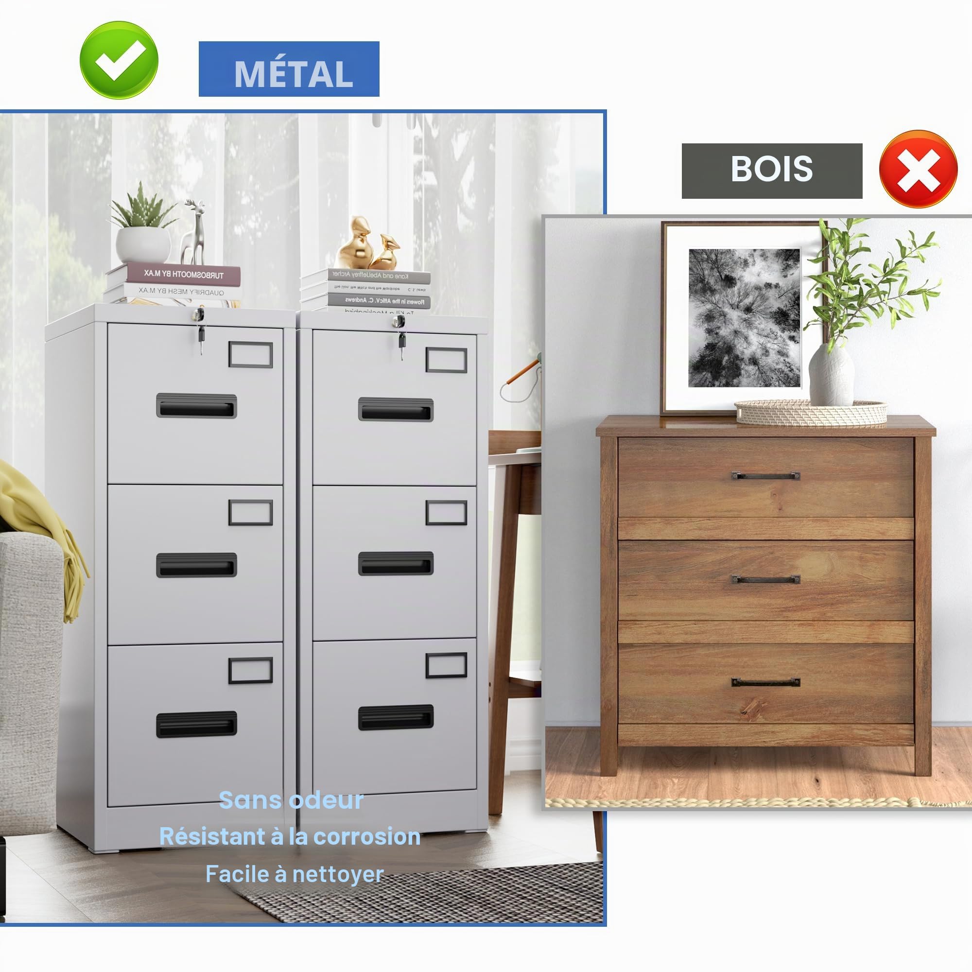 Armoire de classement A4 - en métal - Verticale - Armoire de Bureau pour Bureau à Domicile - Support d'imprimante - avec 3 tiroirs verrouillables pour dossiers Suspendus (Blanc)